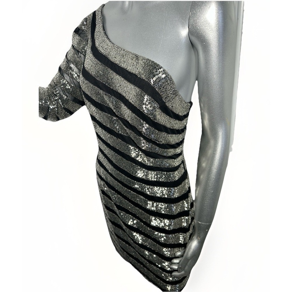 Aleta One-Shoulder Striped Beaded Sequin Mini Dress - Black & Silver 10 - Picture 6 of 13